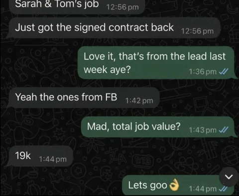 Client message confirming a $19,000 job from a Facebook lead